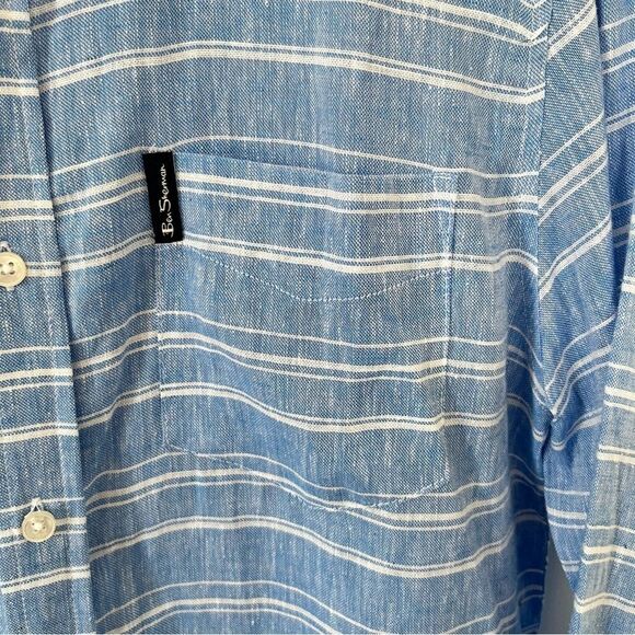 Ben Sherman Blue White Linen Blend Long Sleeve Button Down Shirt - Picture 9 of 13